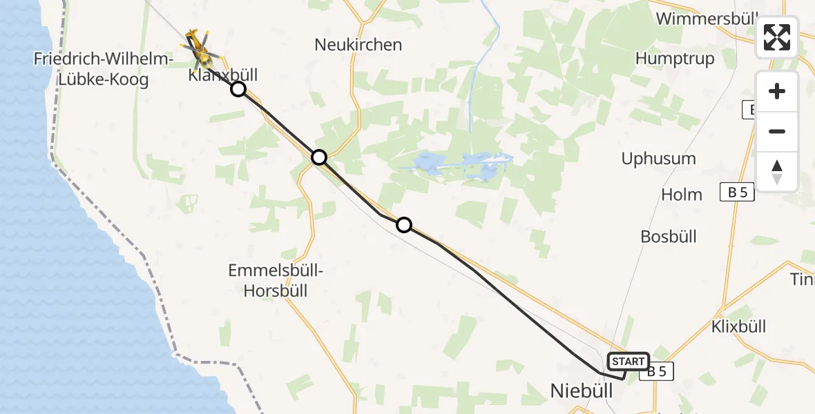 Flugroute Rettungshubschrauber Niebüll - Klanxbüll, 17 Mai 2026, 08:32