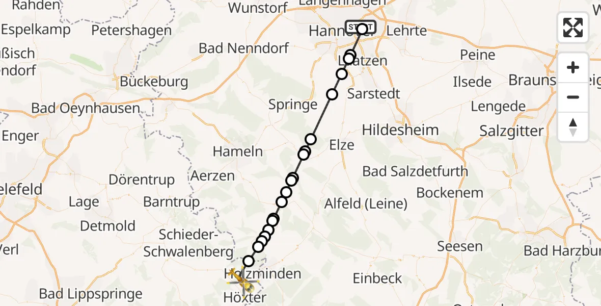 Flugroute Rettungshubschrauber Hannover Luftrettung Hubschrauberlandeplatz (Christoph 4) - Höxter, 17 Mai 2026, 08:33
