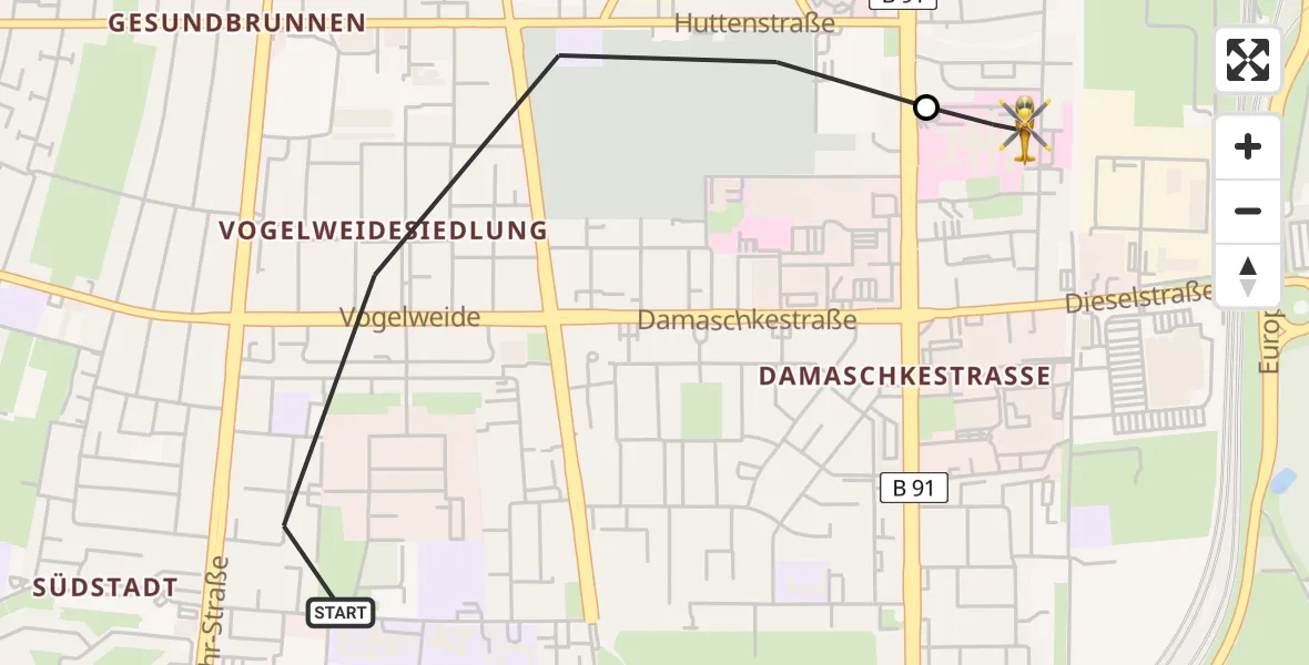 Flugroute Rettungshubschrauber Halle (Saale) - BG Hospital Bergmannstrost Halle, 17 Mai 2026, 08:38