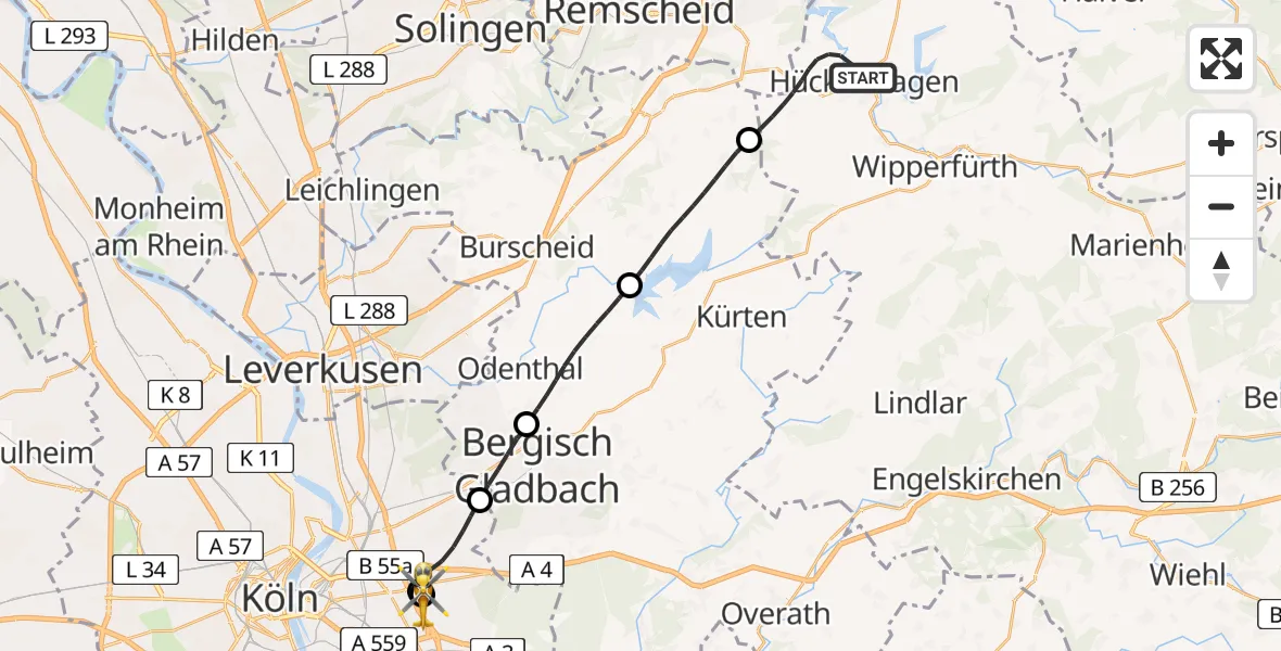 Flugroute Rettungshubschrauber Hückeswagen - Merheim Hospital, 17 Mai 2026, 08:49