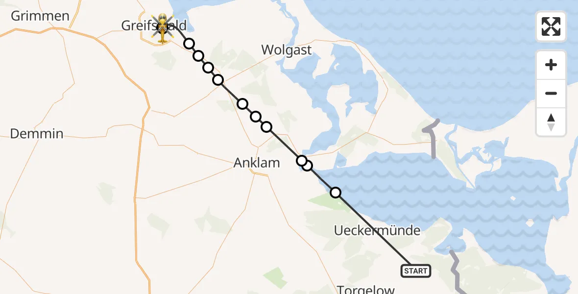 Flugroute Rettungshubschrauber Eggesin - Greifswald Hospital, 17 Mai 2026, 08:52