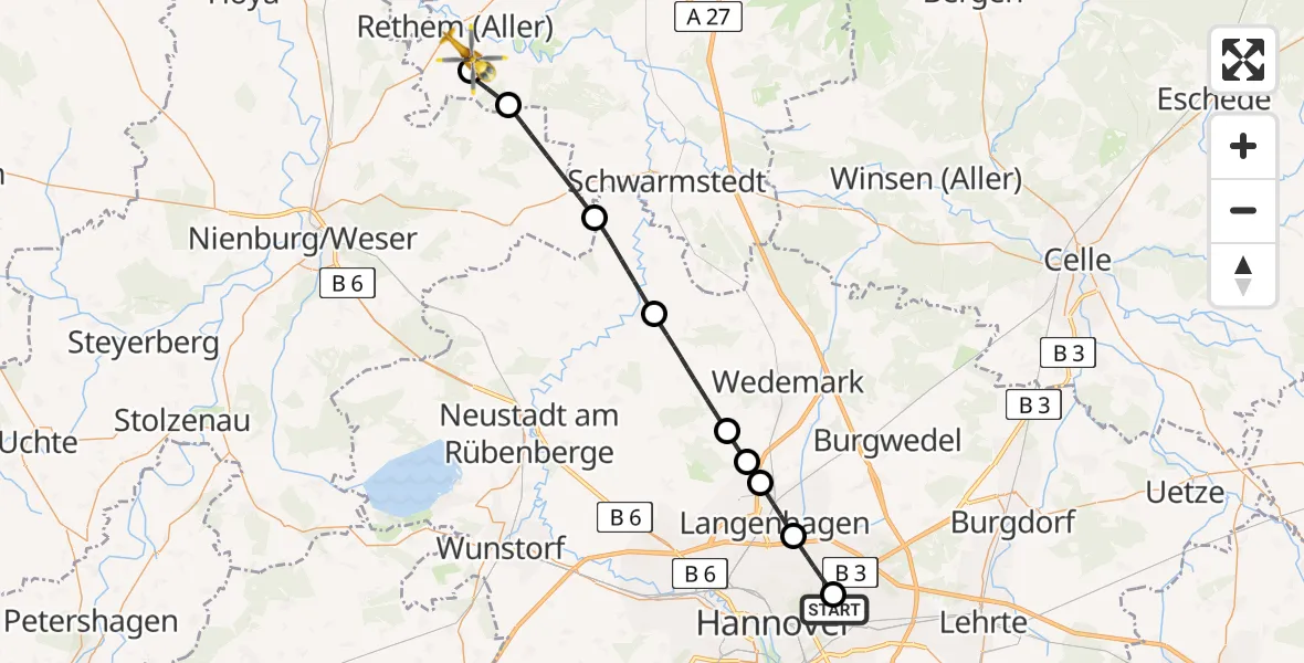 Flugroute Rettungshubschrauber Hannover Luftrettung Hubschrauberlandeplatz (Christoph 4) - Rethem (Aller), 17 Mai 2026, 08:53