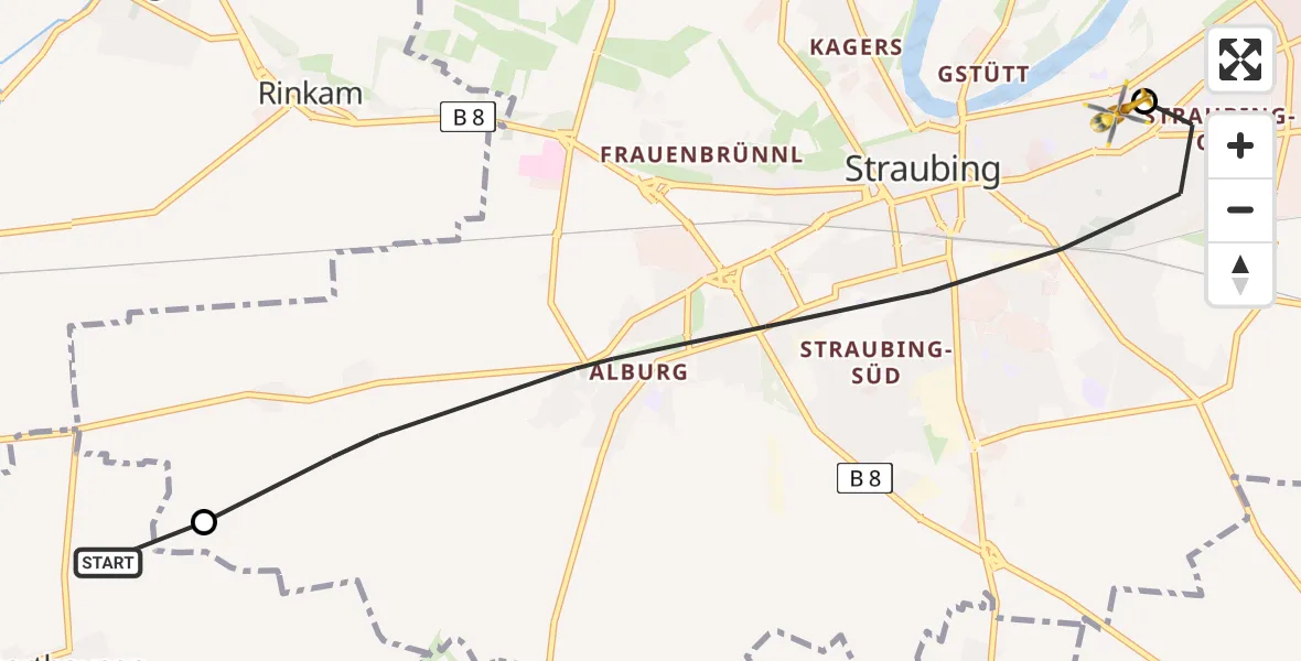 Flugroute Rettungshubschrauber Geiselhöring - Sankt Elisabeth Hospital Straubing, 17 Mai 2026, 08:53