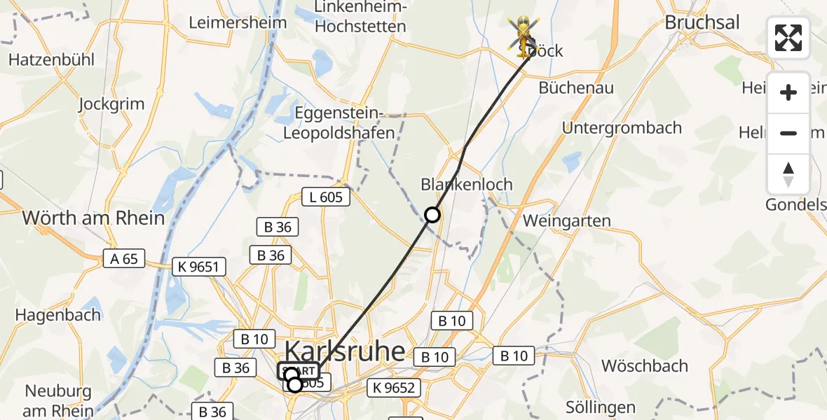 Flugroute Rettungshubschrauber Sankt Vincentius Hospital - Stutensee, 17 Mai 2026, 08:53