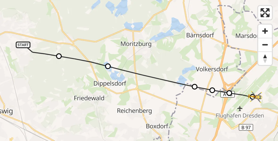 Flugroute Rettungshubschrauber Weinböhla - Dresden Bundespolizei Hubschrauberlandeplatz, 17 Mai 2026, 09:03