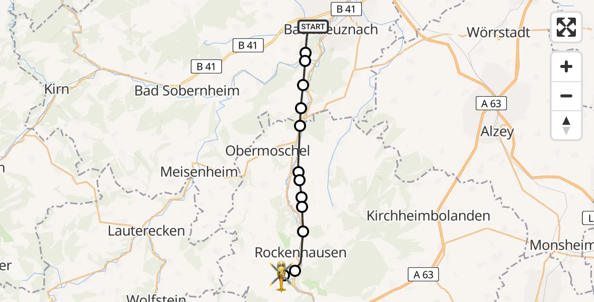 Flugroute Rettungshubschrauber Bad Kreuznach - Imsweiler UL, 17 Mai 2026, 09:09