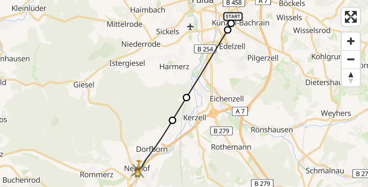 Flugroute Rettungshubschrauber Fulda Hospital - Neuhof, 17 Mai 2026, 09:09