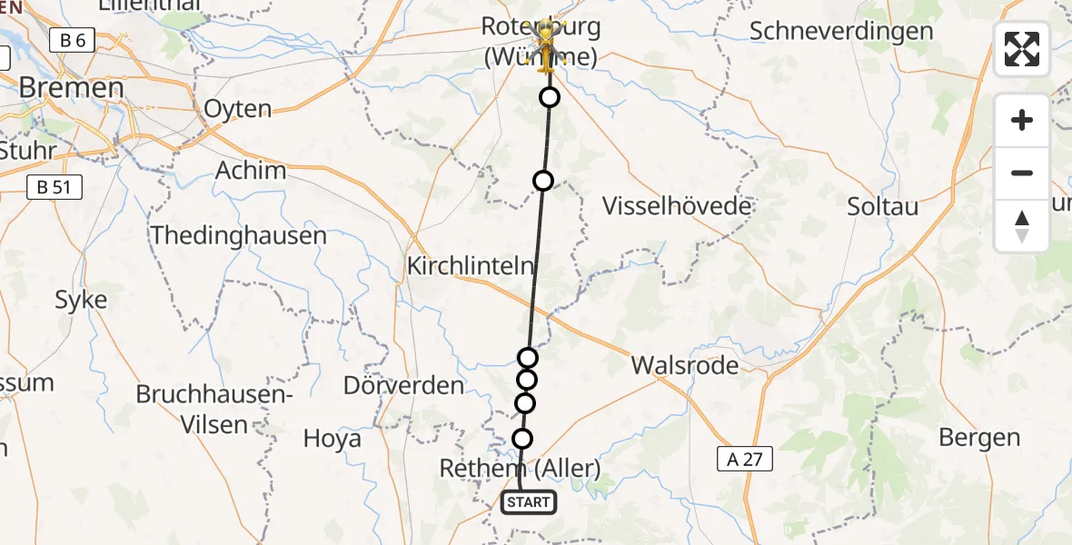 Flugroute Rettungshubschrauber Rethem (Aller) - Rotenburg (Wümme), 17 Mai 2026, 09:25