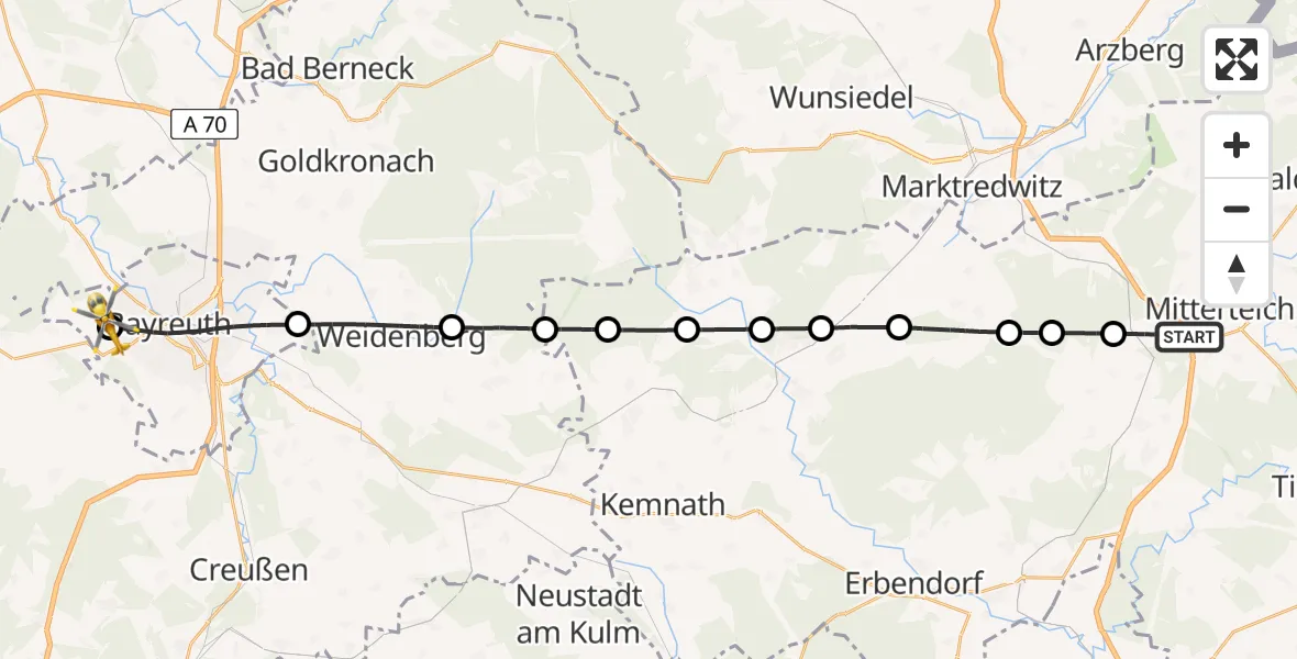 Flugroute Rettungshubschrauber Mitterteich - Bayreuth Hospital, 17 Mai 2026, 09:25