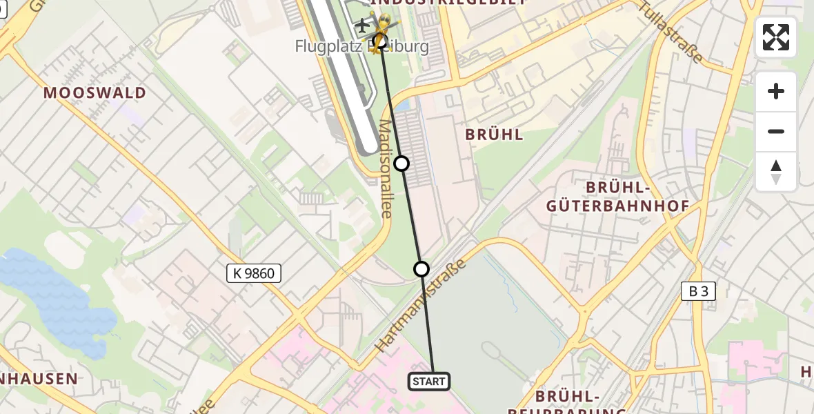 Flugroute Rettungshubschrauber Freiburg University Hospital Heliport 1 - Freiburg im Breisgau Flugplatz, 17 Mai 2026, 09:27