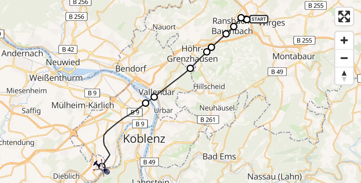 Flugroute Polizeihubschrauber Ebernhahn - Koblenz-Winningen Flugplatz, 17 Mai 2026, 09:34