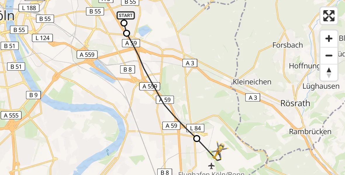 Flugroute Rettungshubschrauber Merheim Hospital - Köln Bonn Flughafen, 17 Mai 2026, 09:34