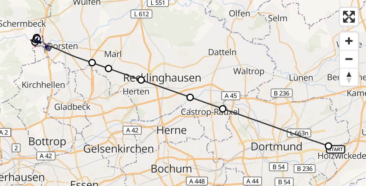 Flugroute Polizeihubschrauber Dortmund Flughafen - Dorsten, 17 Mai 2026, 09:35