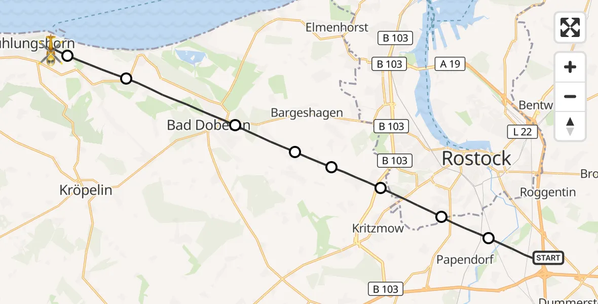 Flugroute Ambulanzhubschrauber Dummerstorf - Kühlungsborn, 17 Mai 2026, 09:42
