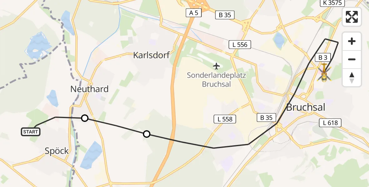 Flugroute Rettungshubschrauber Stutensee - Bruchsal, 17 Mai 2026, 09:46