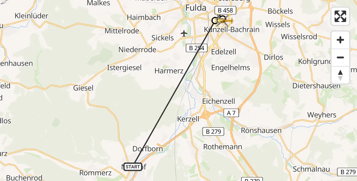 Flugroute Rettungshubschrauber Neuhof - Fulda Hospital, 17 Mai 2026, 09:52