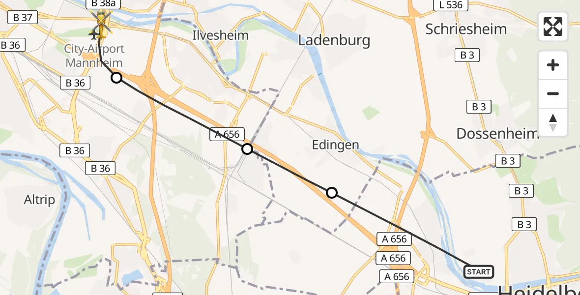 Flugroute Rettungshubschrauber Heidelberg - Mannheim-City Flughafen, 17 Mai 2026, 09:52