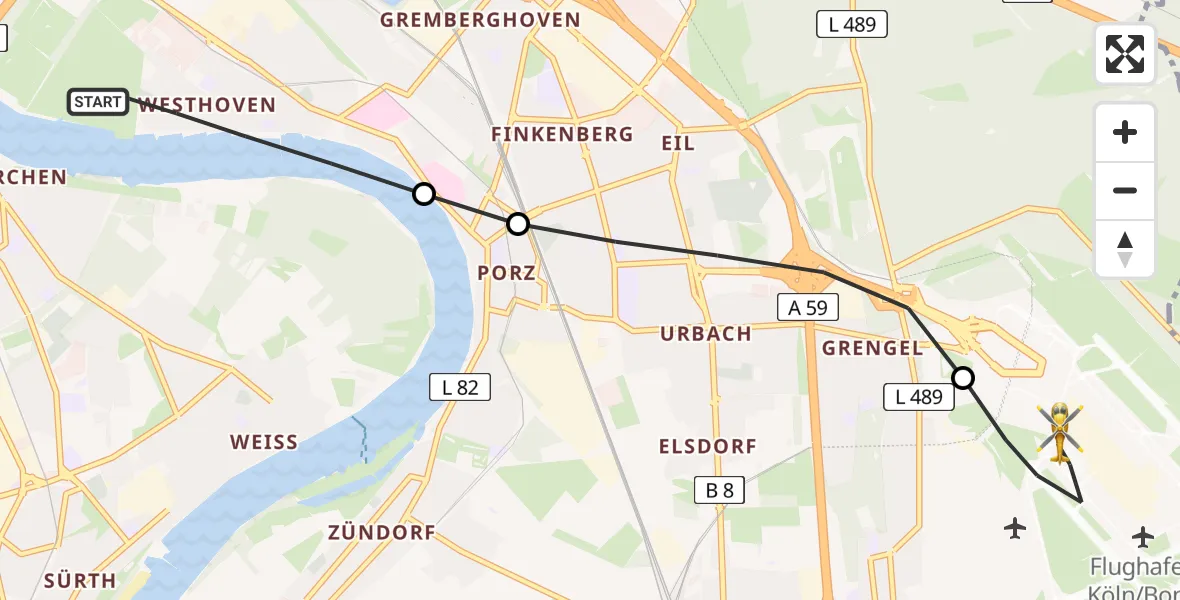 Flugroute Rettungshubschrauber Köln - Köln Bonn Flughafen, 17 Mai 2026, 09:57