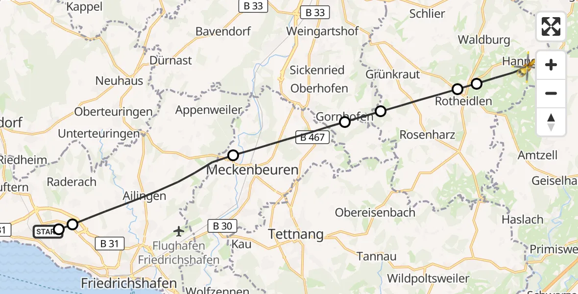 Flugroute Rettungshubschrauber Friedrichshafen Hospital - Waldburg, 17 Mai 2026, 10:00