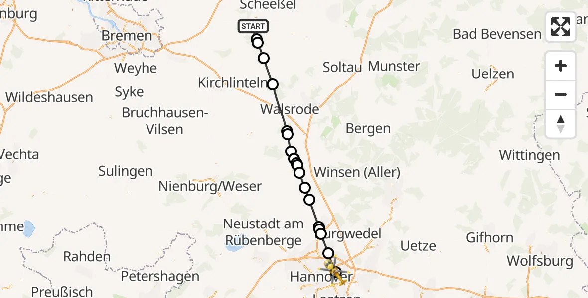 Flugroute Rettungshubschrauber Rotenburg (Wümme) - Hannover Luftrettung Hubschrauberlandeplatz (Christoph 4), 17 Mai 2026, 10:00