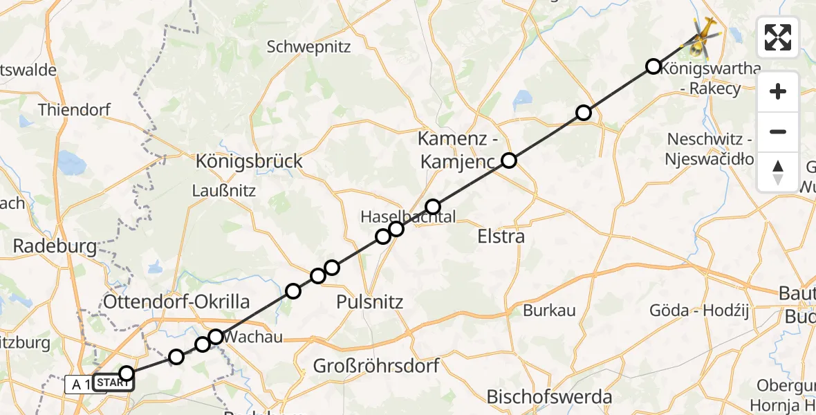 Flugroute Rettungshubschrauber Dresden Bundespolizei Hubschrauberlandeplatz - Königswartha, 17 Mai 2026, 10:11