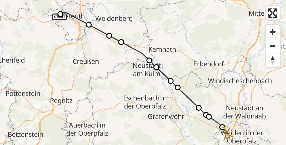 Flugroute Rettungshubschrauber Bayreuth Hospital - Weiden i.d.OPf., 17 Mai 2026, 10:12