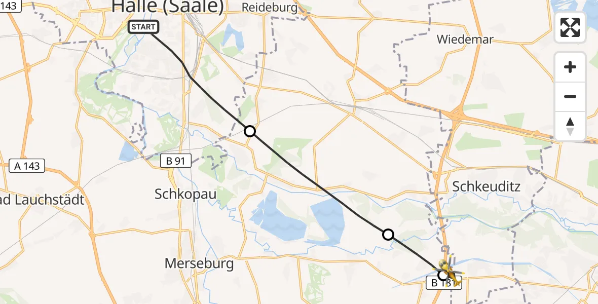 Flugroute Rettungshubschrauber Halle (Saale) - ADAC Air Rescue Station Leipzig/Schkeuditz-Dölzig Hubschrauberlandeplatz (Christoph 61), 17 Mai 2026, 10:14