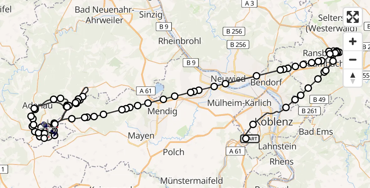 Flugroute Polizeihubschrauber Koblenz-Winningen Flugplatz - Meuspath, 17 Mai 2026, 10:18