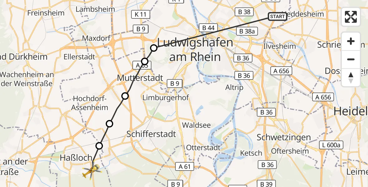 Flugroute Rettungshubschrauber Mannheim - Haßloch, 17 Mai 2026, 10:21
