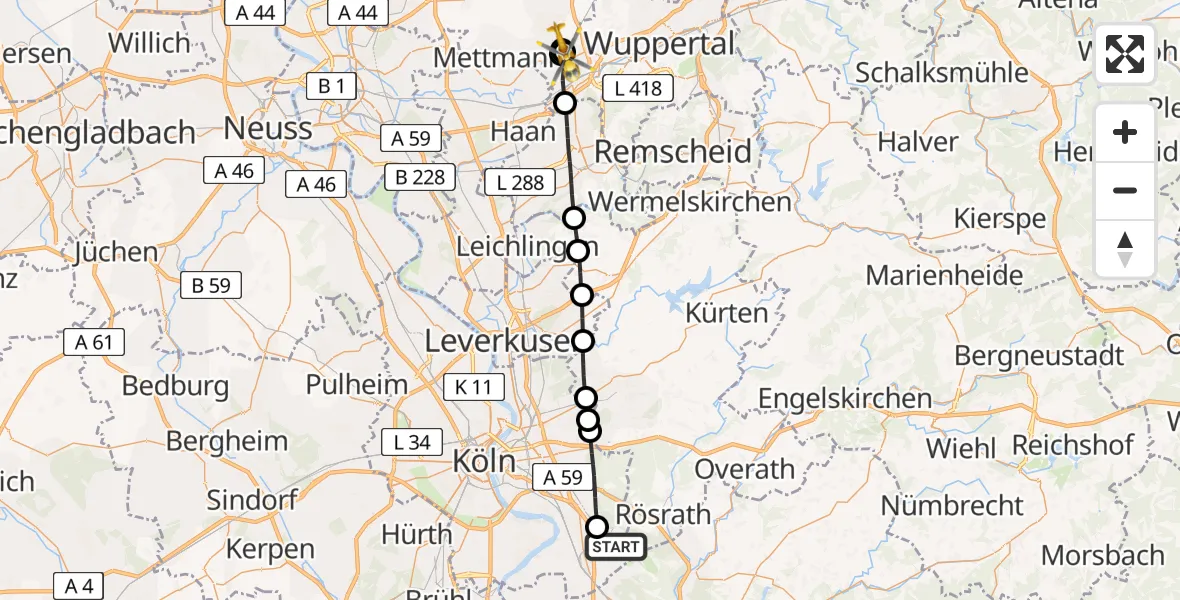 Flugroute Rettungshubschrauber Köln Bonn Flughafen - Wuppertal, 17 Mai 2026, 10:21