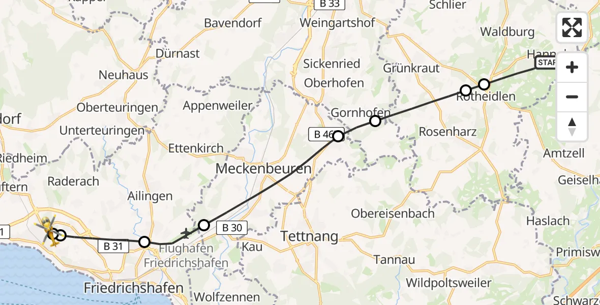 Flugroute Rettungshubschrauber Waldburg - Friedrichshafen Hospital, 17 Mai 2026, 10:24
