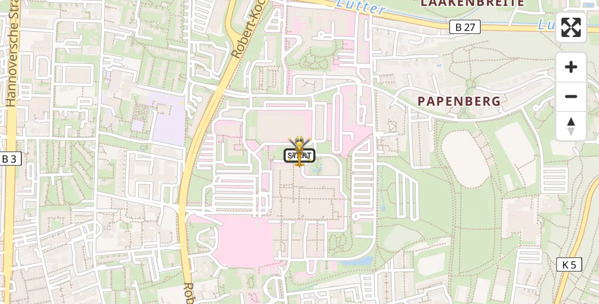 Flugroute Rettungshubschrauber Göttingen University Clinic Hubschrauberlandeplatz - Göttingen University Clinic Hubschrauberlandeplatz, 17 Mai 2026, 10:25