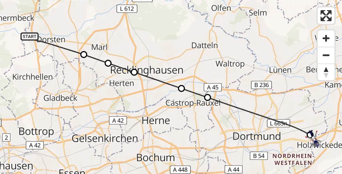Flugroute Polizeihubschrauber Dorsten - Dortmund Flughafen, 17 Mai 2026, 10:31