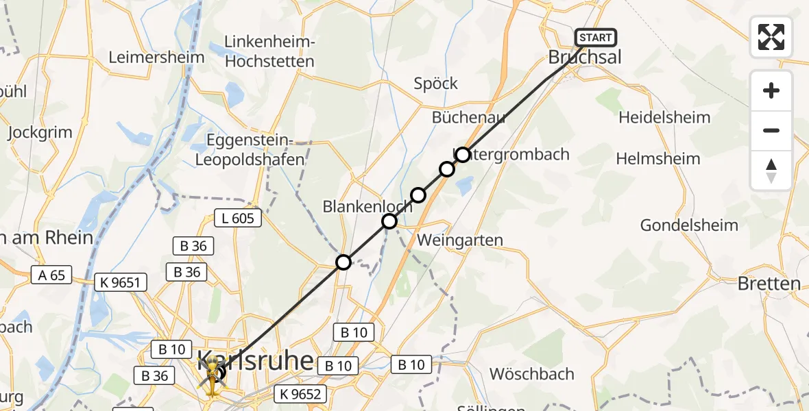 Flugroute Rettungshubschrauber Bruchsal - Sankt Vincentius Hospital, 17 Mai 2026, 10:32