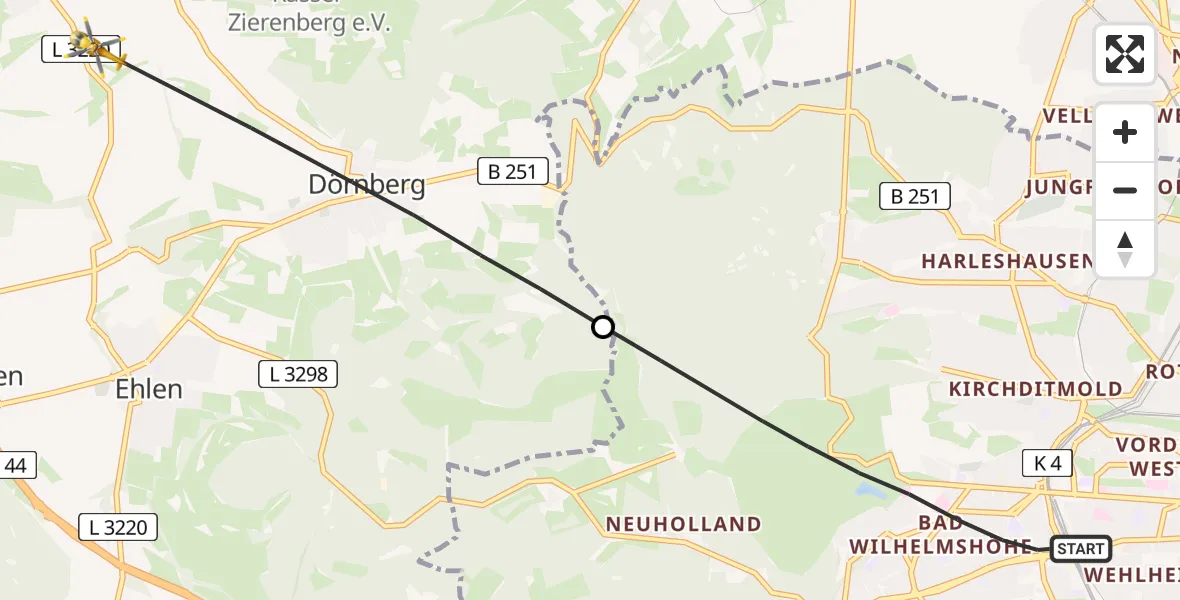 Flugroute Rettungshubschrauber Kassel - Zierenberg, 17 Mai 2026, 10:33
