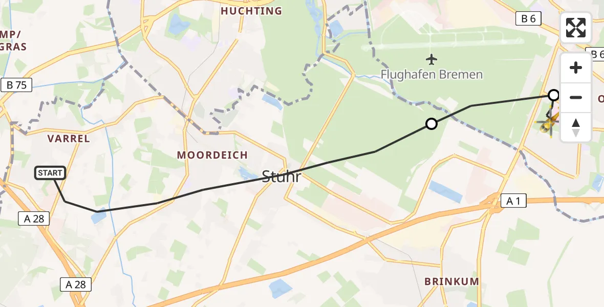 Flugroute Rettungshubschrauber Stuhr - ADAC Air Rescue Station Bremen Hubschrauberlandeplatz (Christoph 6), 17 Mai 2026, 10:49