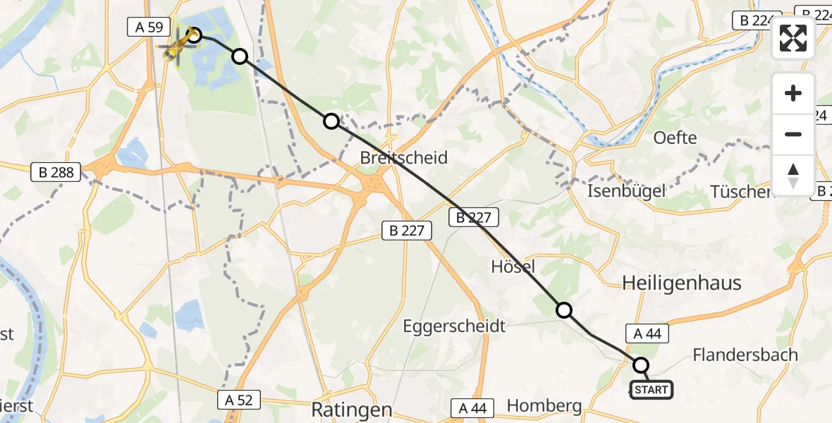 Flugroute Rettungshubschrauber Meiersberg Flugplatz - Duisburg Air Rescue Hubschrauberlandeplatz (Christoph 9), 17 Mai 2026, 10:53