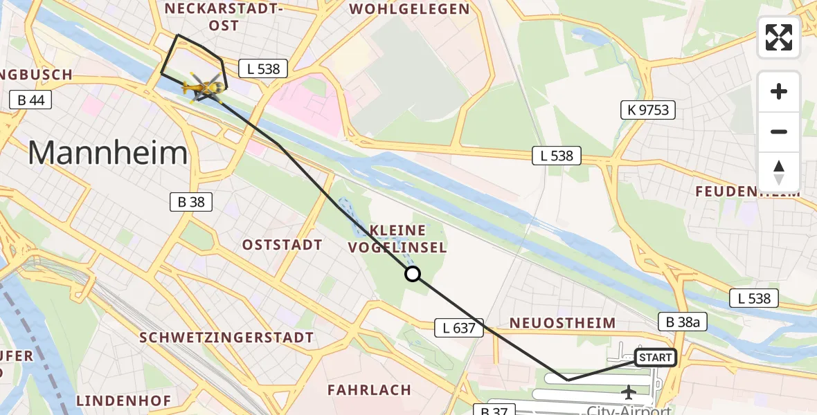 Flugroute Rettungshubschrauber Mannheim-City Flughafen - Mannheim, 17 Mai 2026, 10:59