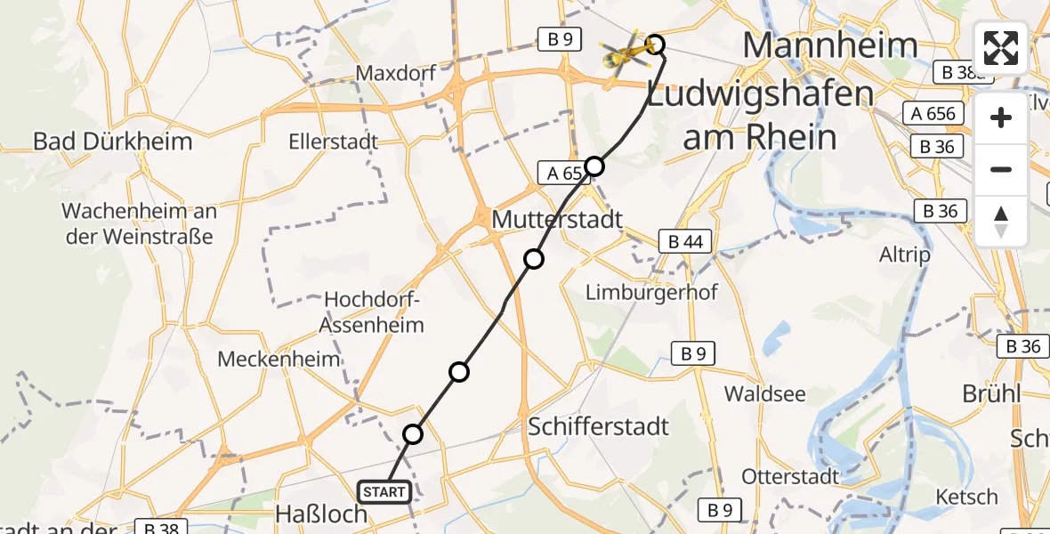 Flugroute Rettungshubschrauber Haßloch - Ludwigshafen Accident Hospital Hubschrauberlandeplatz, 17 Mai 2026, 11:01