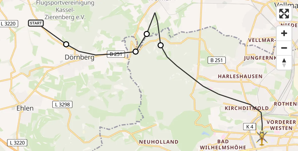Flugroute Rettungshubschrauber Zierenberg - Kassel, 17 Mai 2026, 11:06
