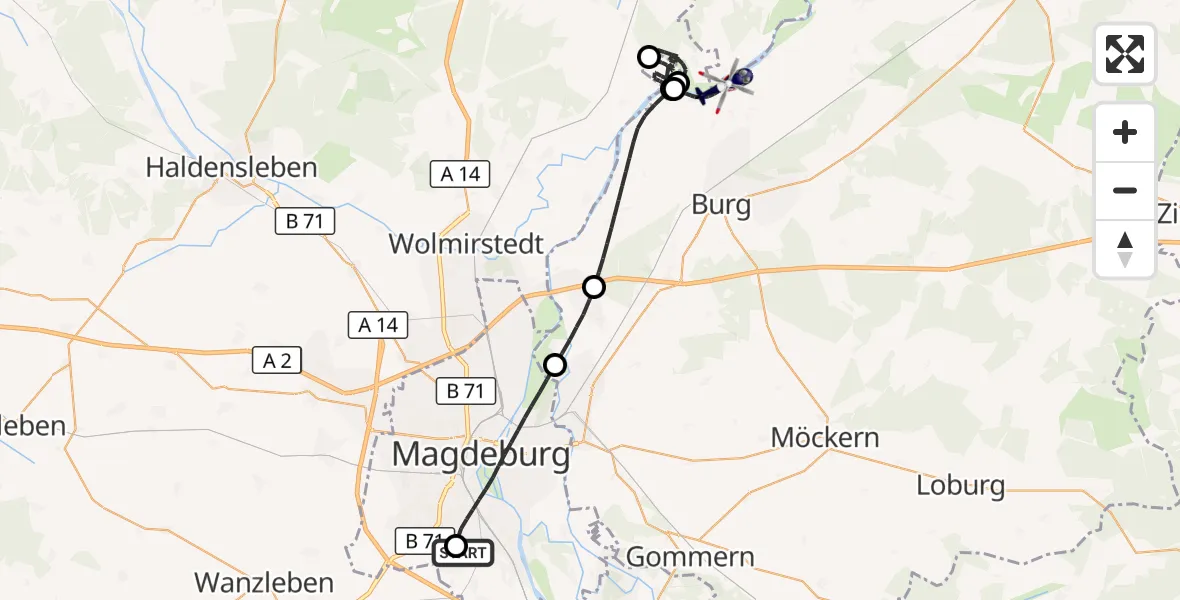 Flugroute Polizeihubschrauber Magdeburg City Flugplatz - Burg, 17 Mai 2026, 11:10