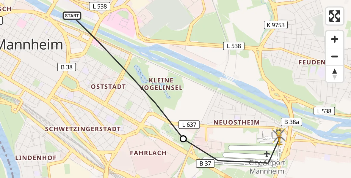 Flugroute Rettungshubschrauber Mannheim - Mannheim-City Flughafen, 17 Mai 2026, 11:11