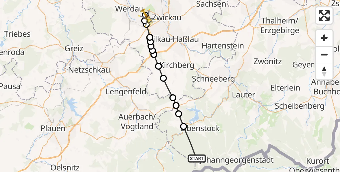 Flugroute Rettungshubschrauber Eibenstock - ADAC Air Rescue Station Zwickau Hubschrauberlandeplatz, 17 Mai 2026, 11:15