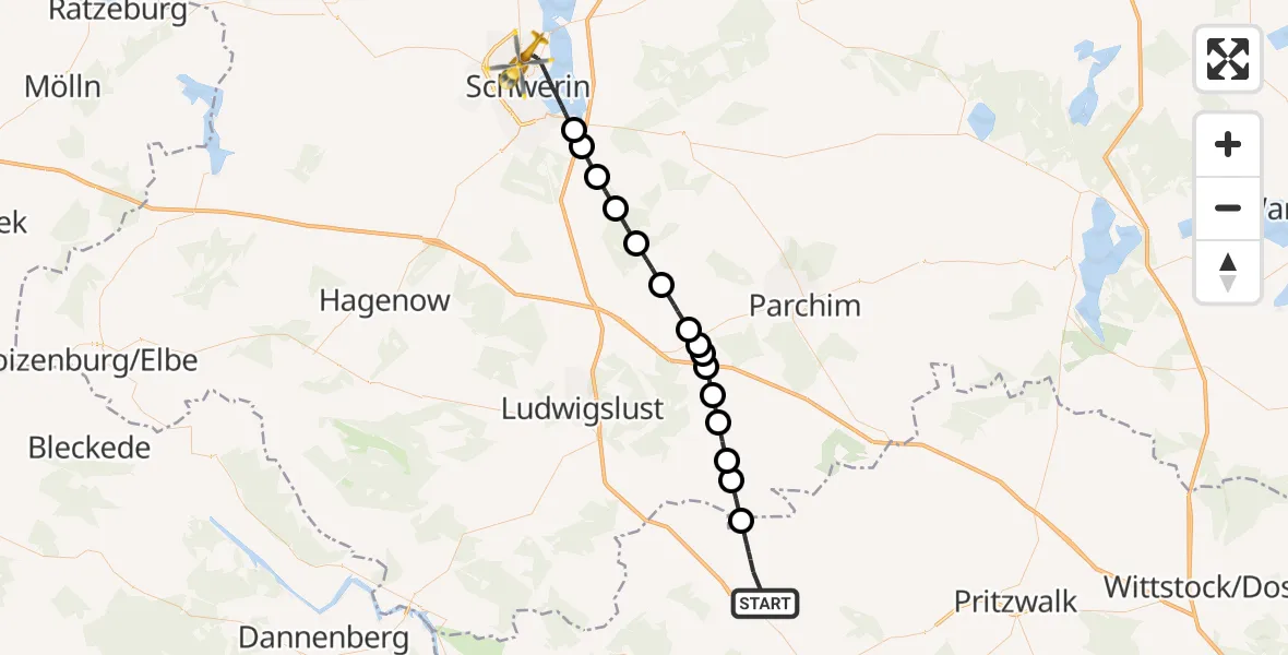 Flugroute Rettungshubschrauber Karstädt - Schwerin, 17 Mai 2026, 11:21