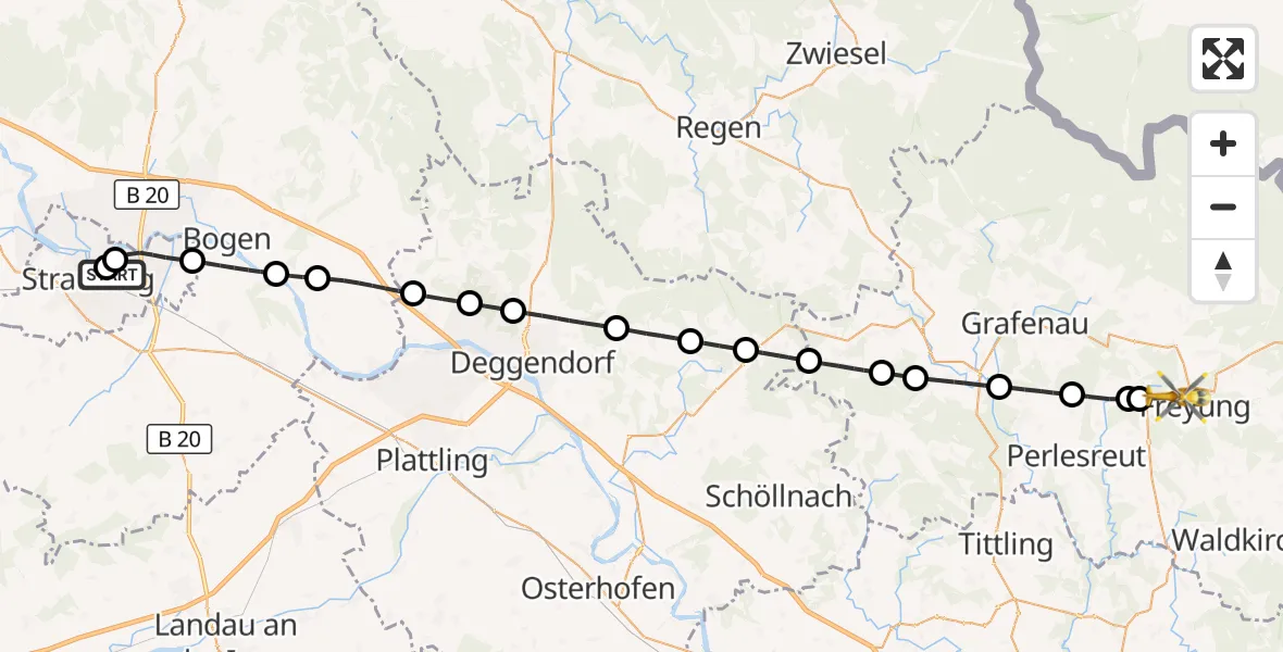 Flugroute Rettungshubschrauber Sankt Elisabeth Hospital Straubing - Freyung, 17 Mai 2026, 11:35