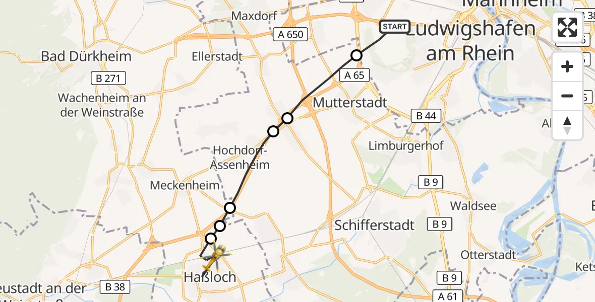 Flugroute Rettungshubschrauber Ludwigshafen am Rhein - Haßloch, 17 Mai 2026, 11:38