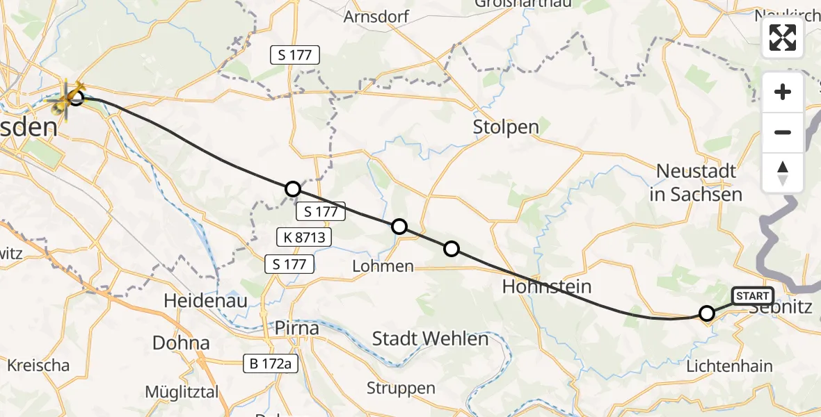 Flugroute Rettungshubschrauber Sebnitz - Dresden Elbwiesen Hubschrauberlandeplatz, 17 Mai 2026, 11:43