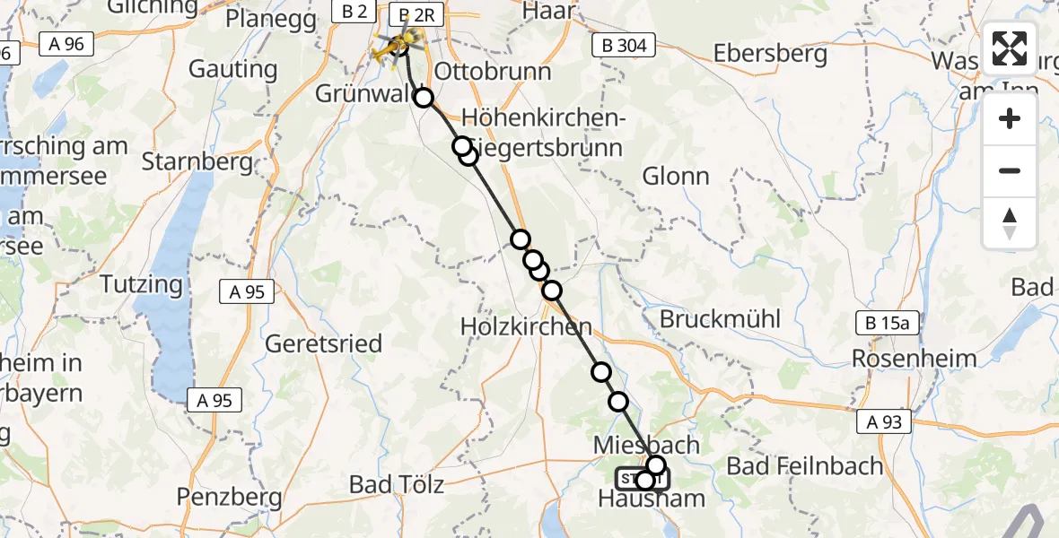 Flugroute Rettungshubschrauber Agatharied Hospital - ADAC Air Rescue Center Hubschrauberlandeplatz (Christoph 1), 17 Mai 2026, 11:51