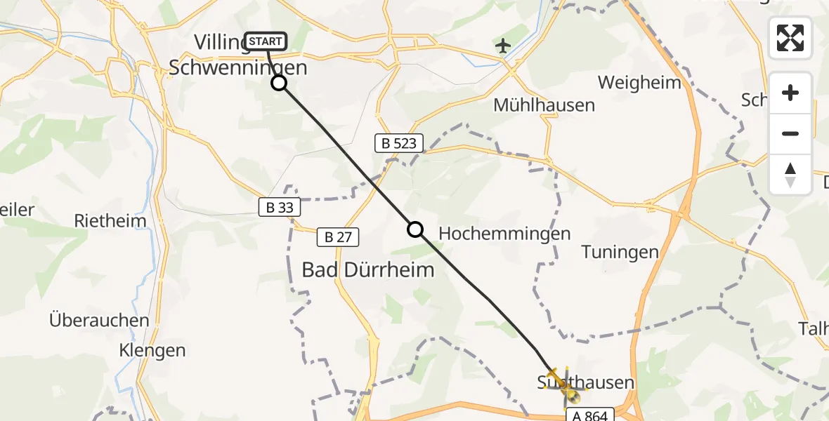 Flugroute Rettungshubschrauber DRF Air Rescue Station Villingen-Schwenningen Hubschrauberlandeplatz (Christoph 11) - Bad Dürrheim, 17 Mai 2026, 11:54