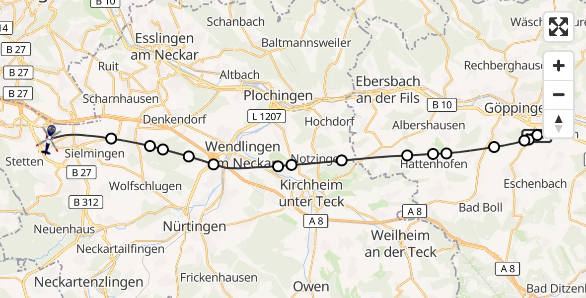 Flugroute Polizeihubschrauber Göppingen - Flughafen Stuttgart, 17 Mai 2026, 11:59
